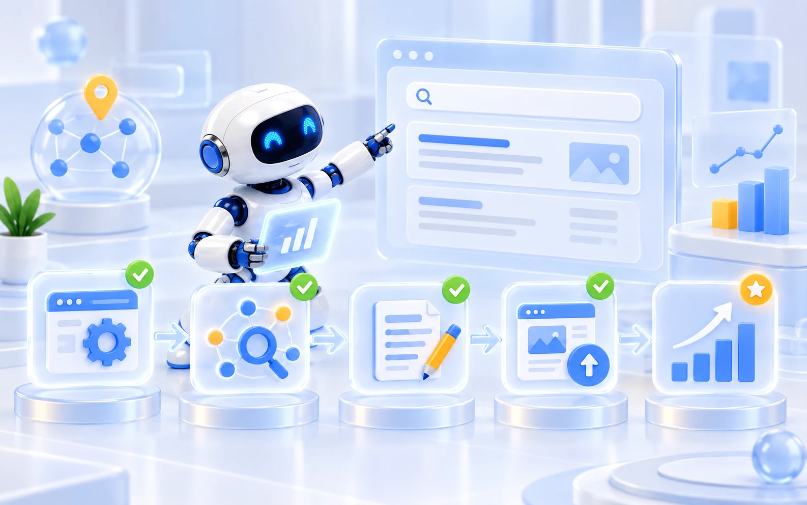 Робот показывает этапы SEO-работы от проверки сайта до оценки результата